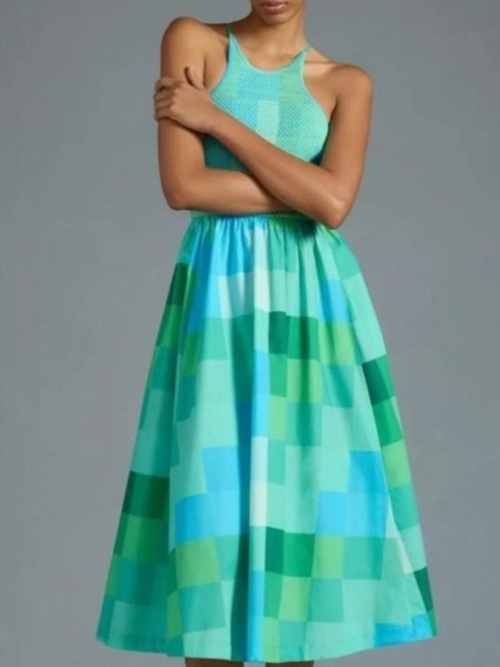 Anthropologie Teal and Green Patchwork Midi Dress